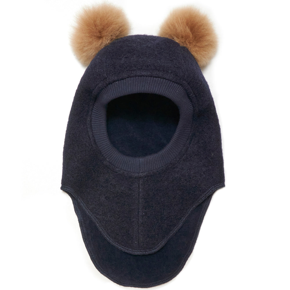 Balaclava Ears Wool Alpaca Pompoms Dark Navy