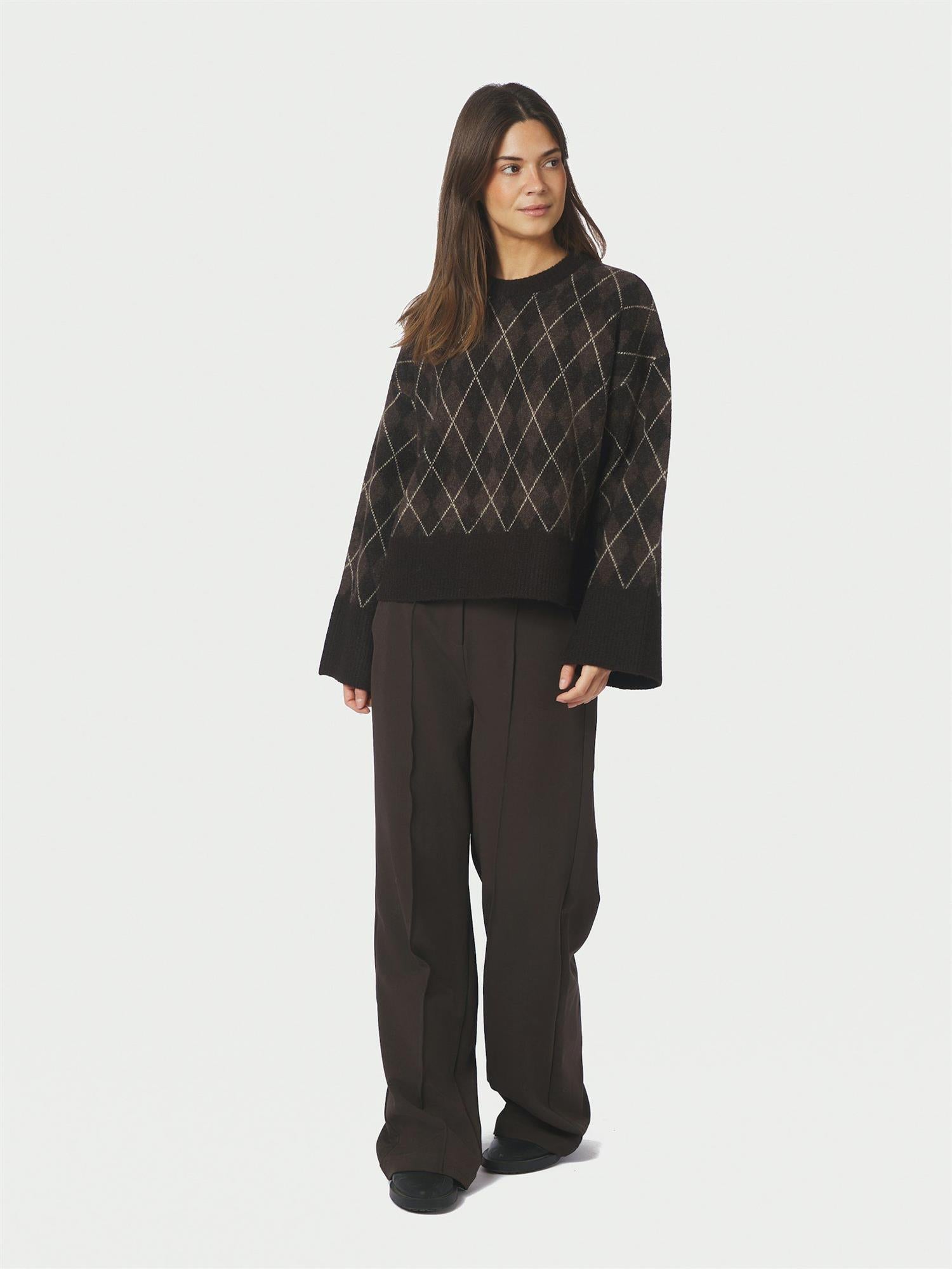 Kick Check Knit Blouse Dark Brown