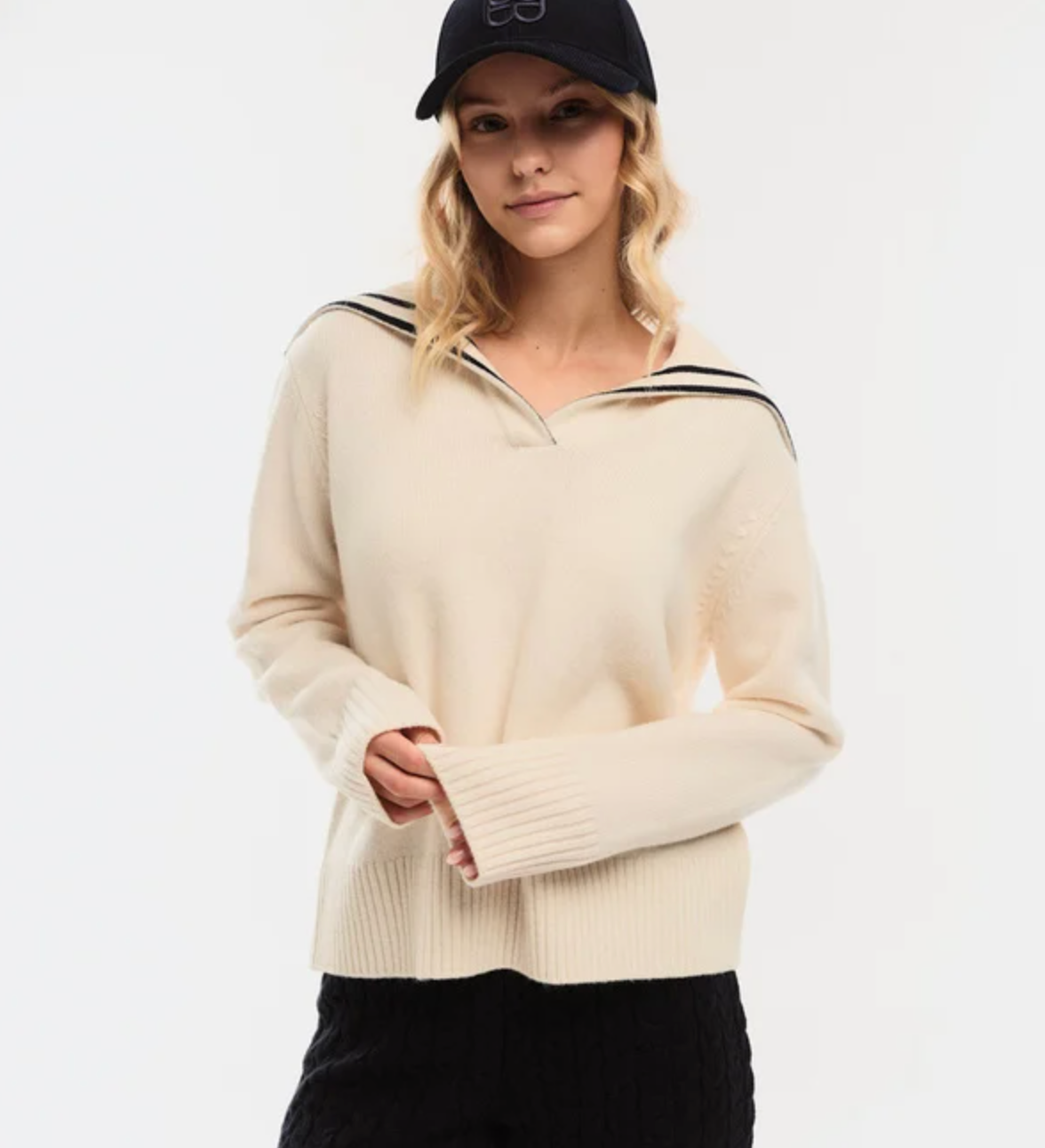 Oceana Merino Sweater White Navy Contrast