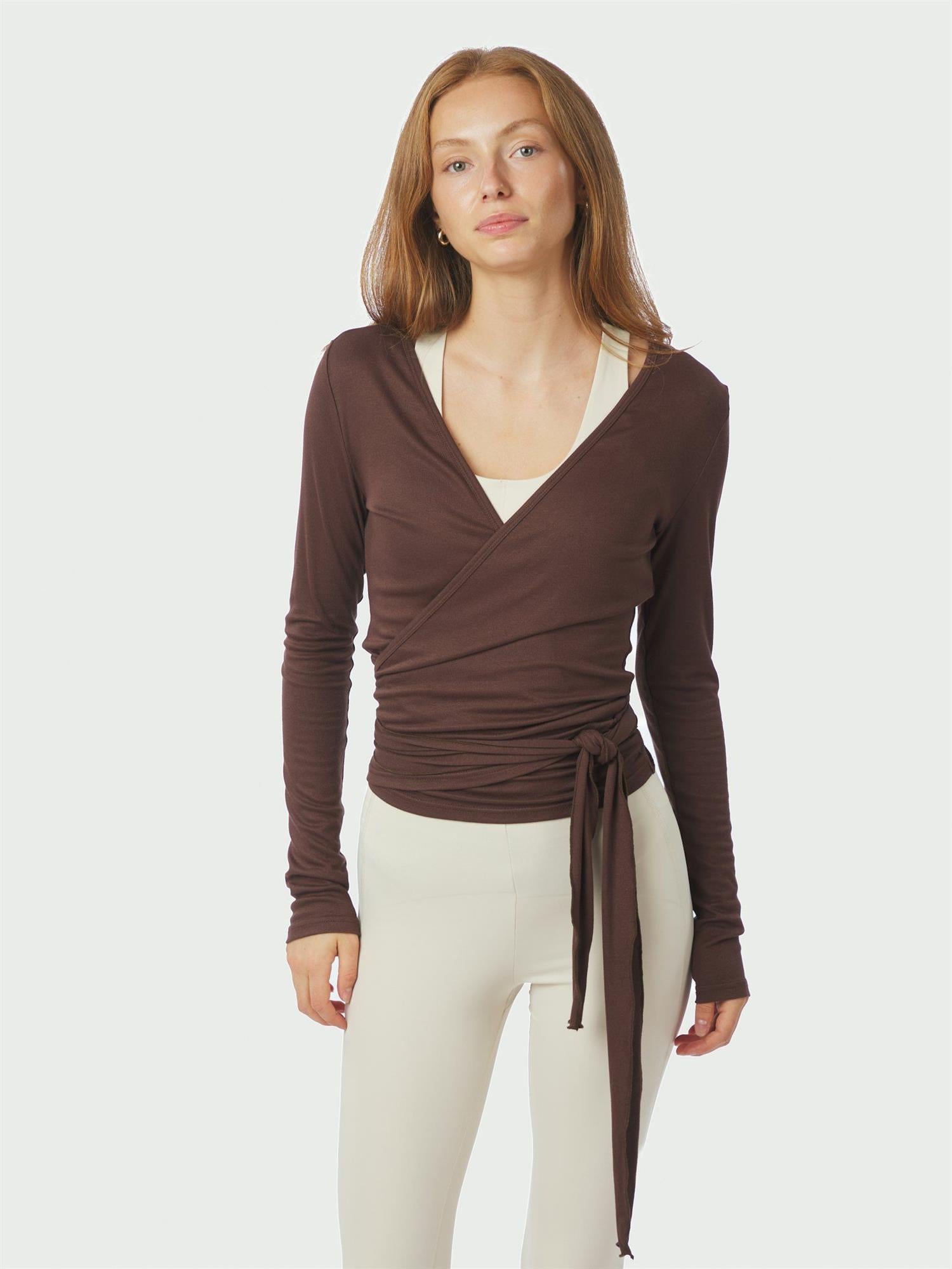 Nia Jersey Wrap Blouse Chocolate Brown