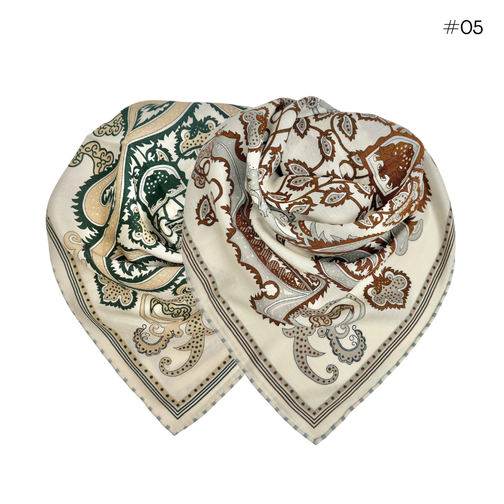 Skjerf Ull/Silke Håndsydde Kanter Grønn/Beige #05