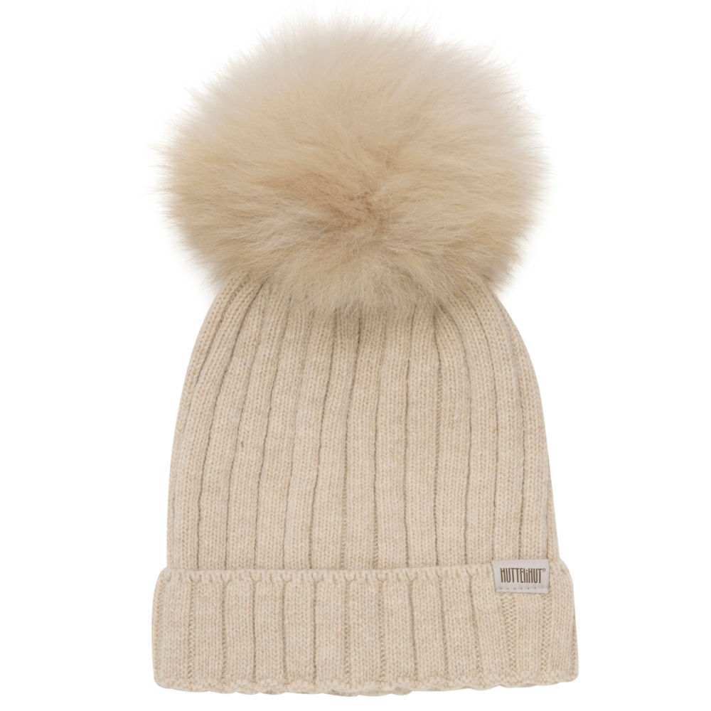 Hat Knit Alpaca Pompom Sand Melange