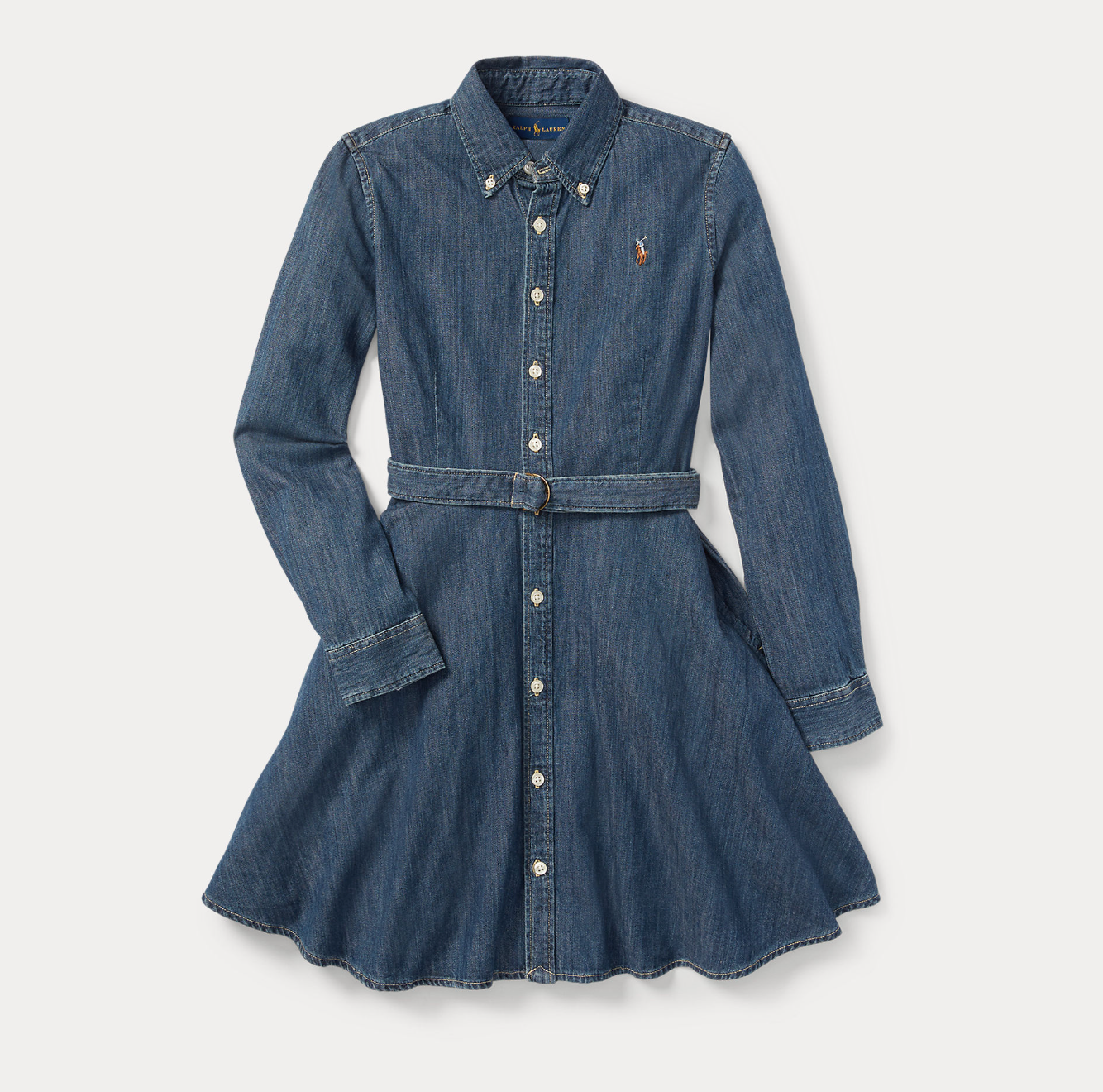 Belted Cotton Denim Shirtdress Blue
