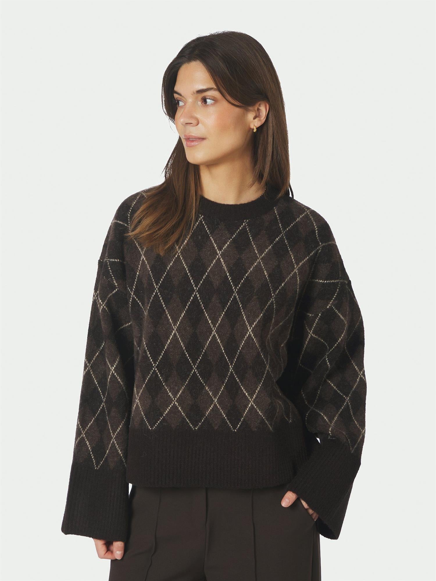 Kick Check Knit Blouse Dark Brown