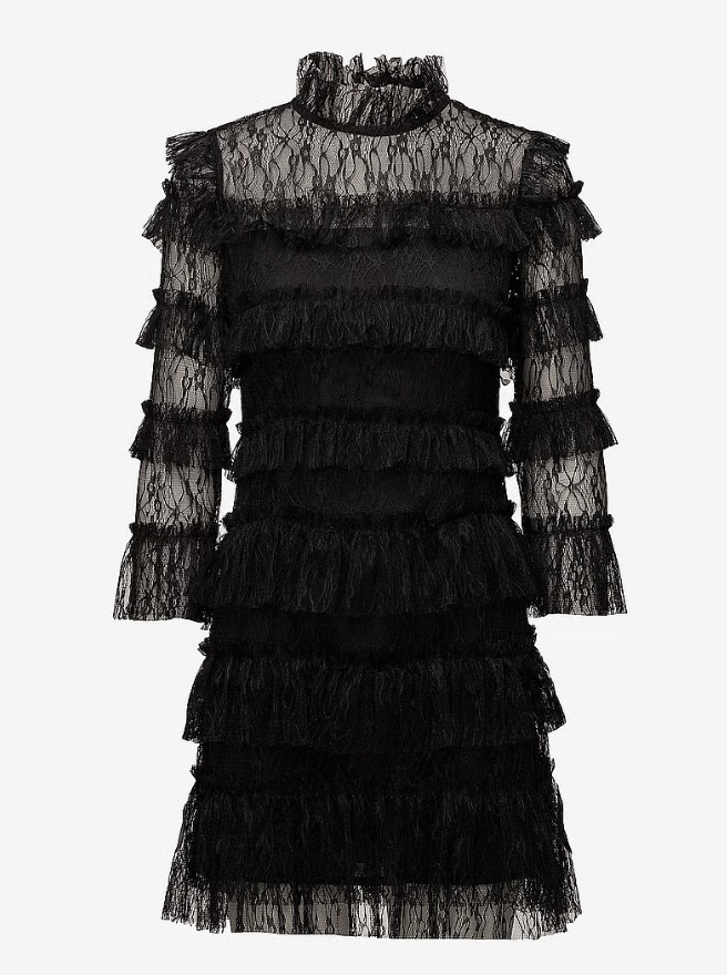 Carmine Frill Mini Lace Dress Black