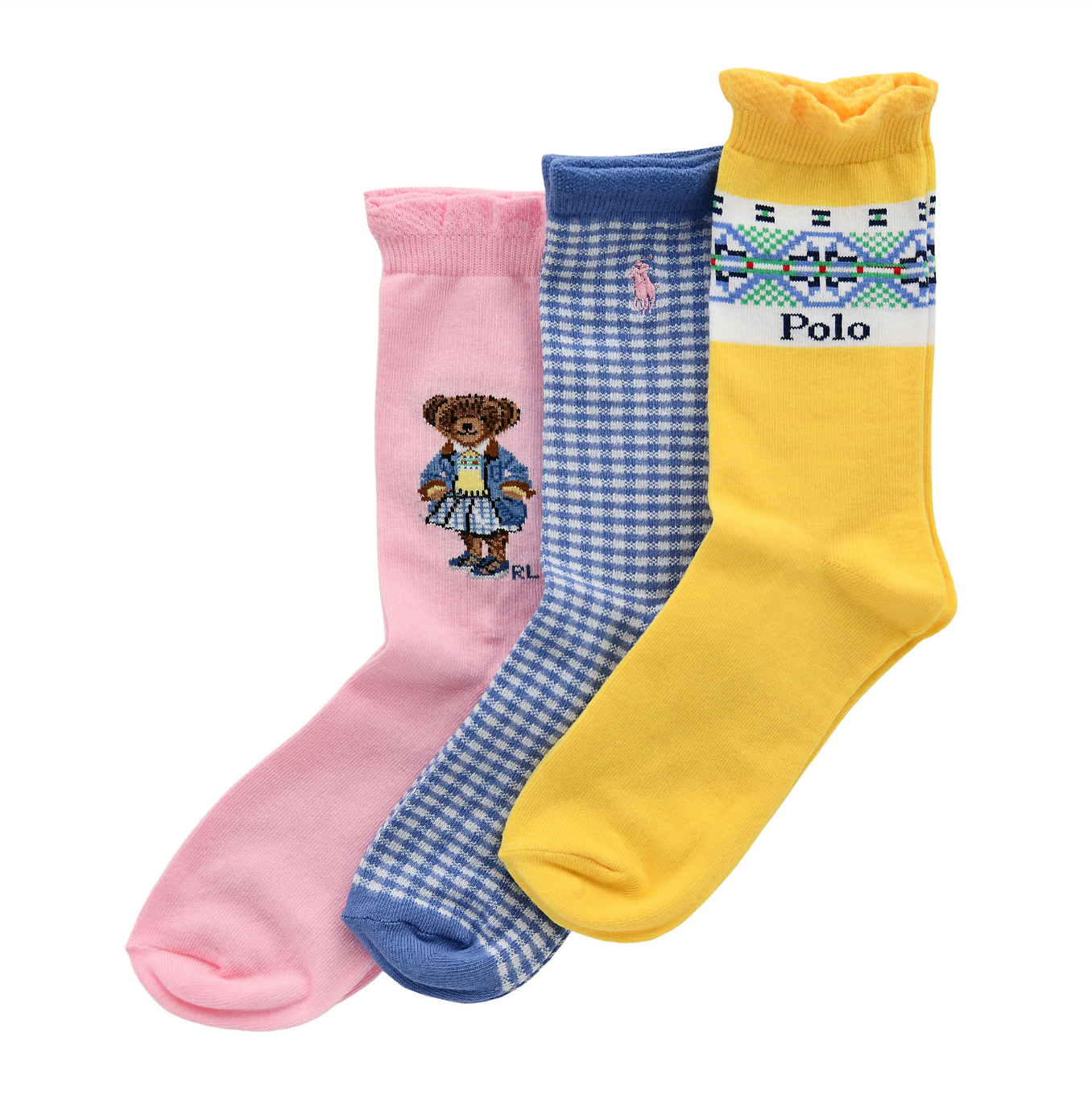 Polo Bear Crew Sock 3-Pack Pink Yellow Blue
