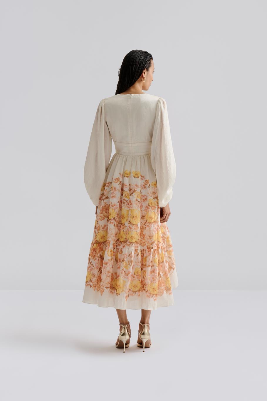 Sasia Deep V Neck Midi Dress Cream Peony