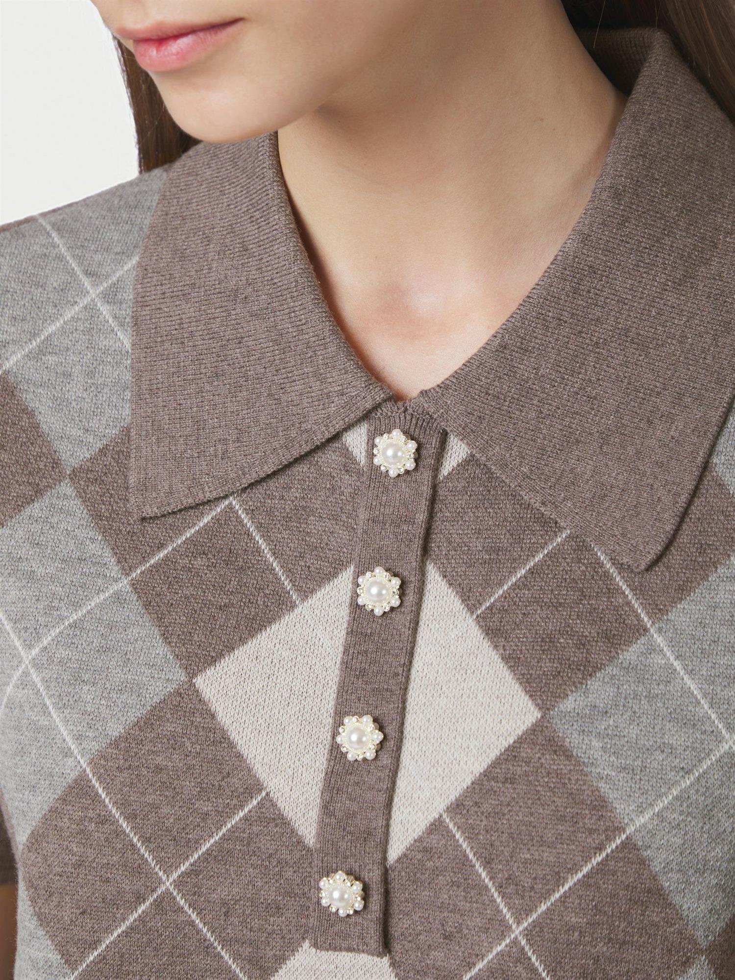 Gia Check Knit Blouse Dark Taupe