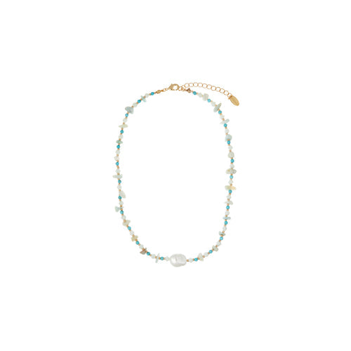 Turquoise Chip & Stationed Pearl Necklace