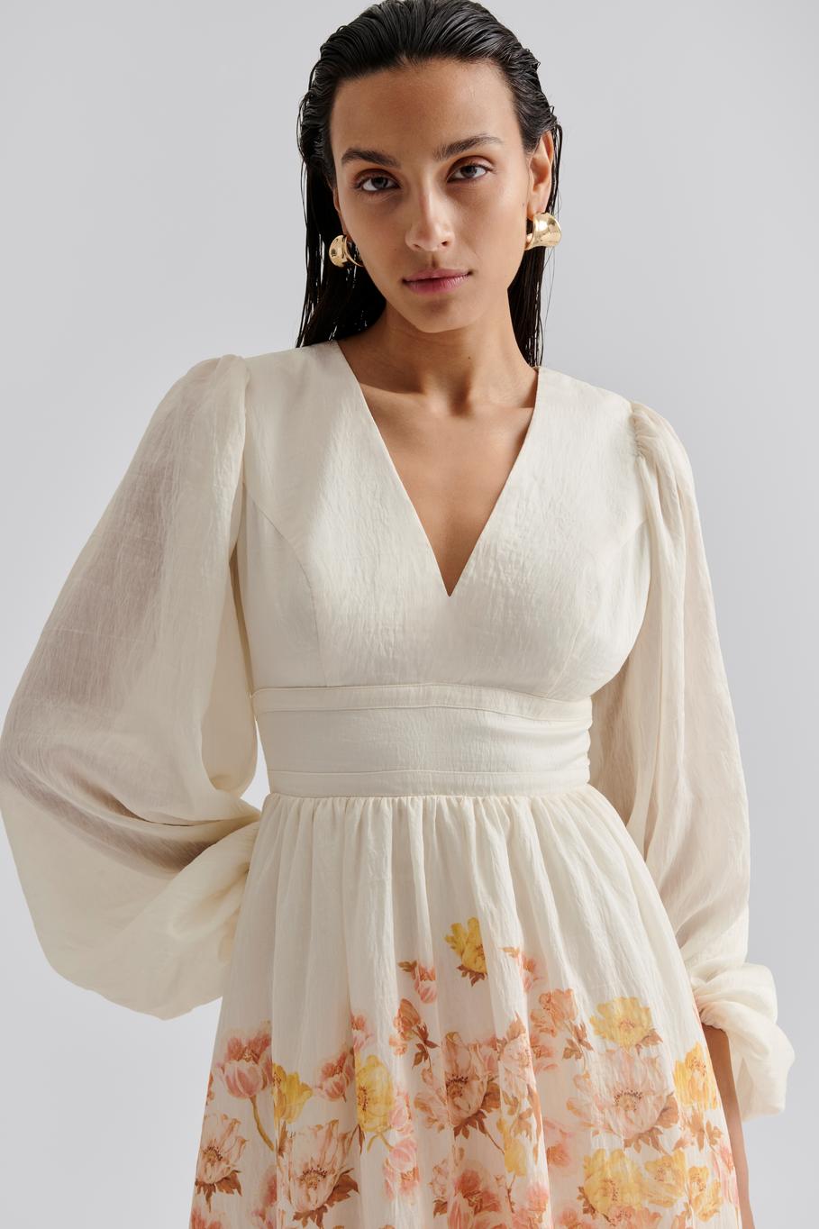 Sasia Deep V Neck Midi Dress Cream Peony