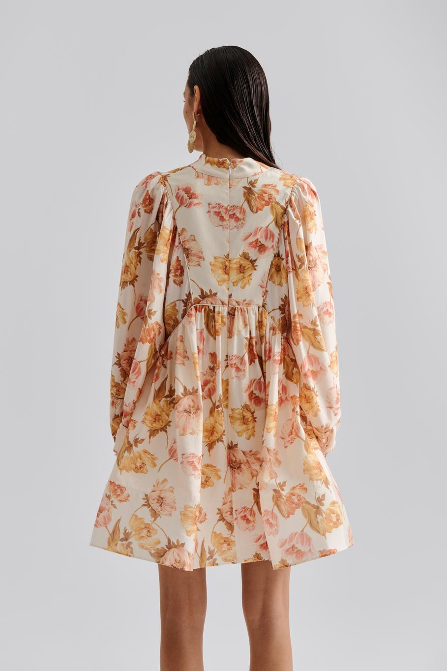 Tyra High Neck Balloon Sleeve Mini Dress Cream Peony