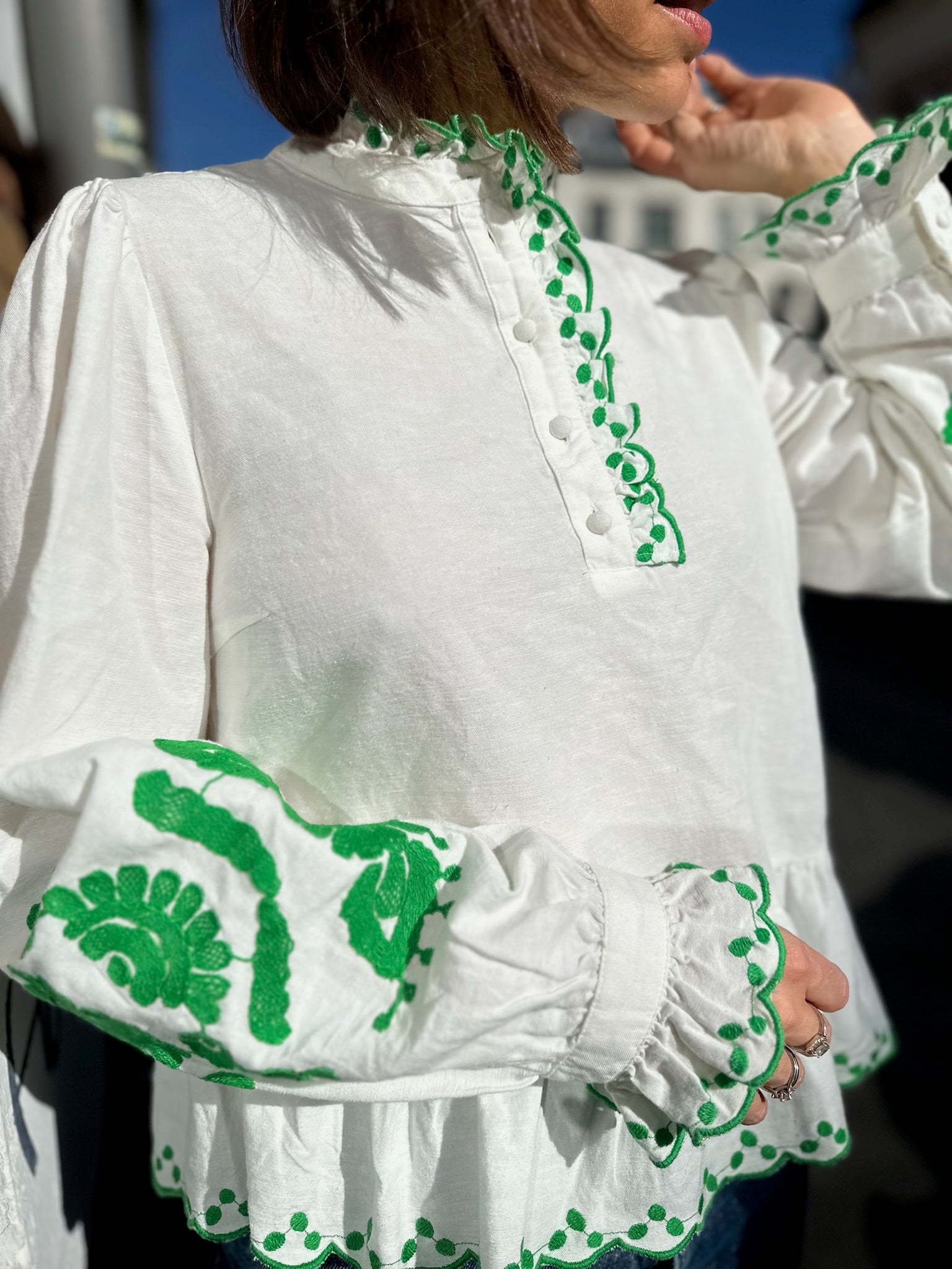 YASBRIMU Top Star White Bright Green Embroidery