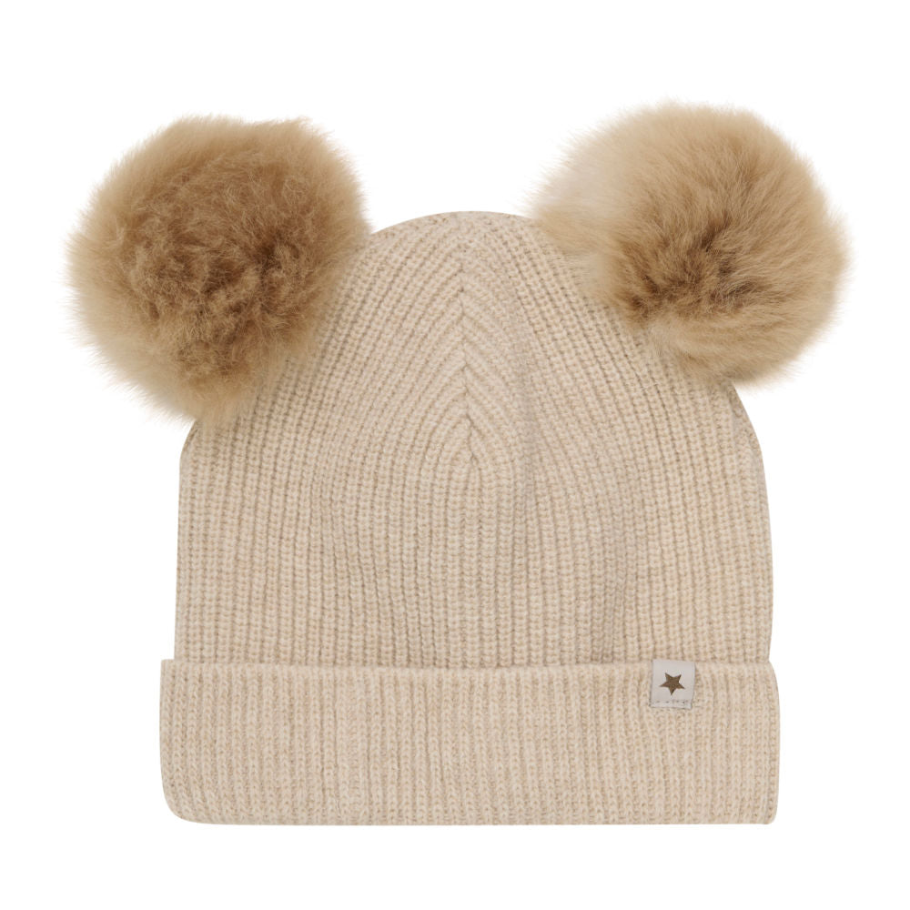 Hat Knit Alpaca Pompoms Sand Melange