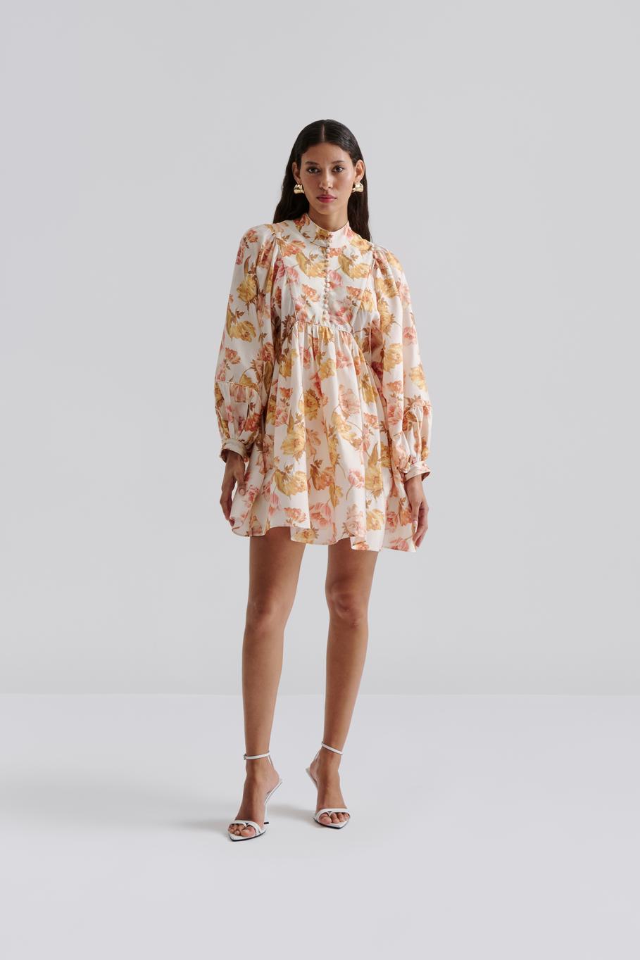 Tyra High Neck Balloon Sleeve Mini Dress Cream Peony