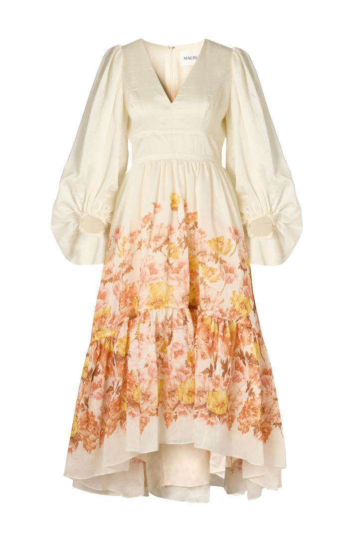 Sasia Deep V Neck Midi Dress Cream Peony