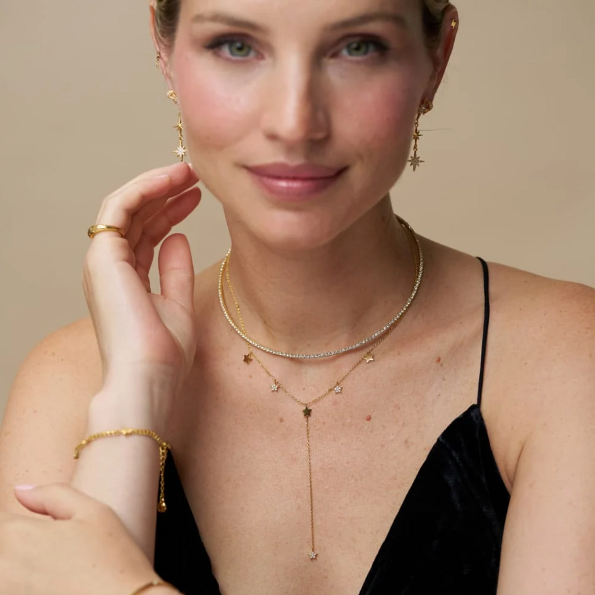 Crystal Multi Star Lariat Necklace Gold