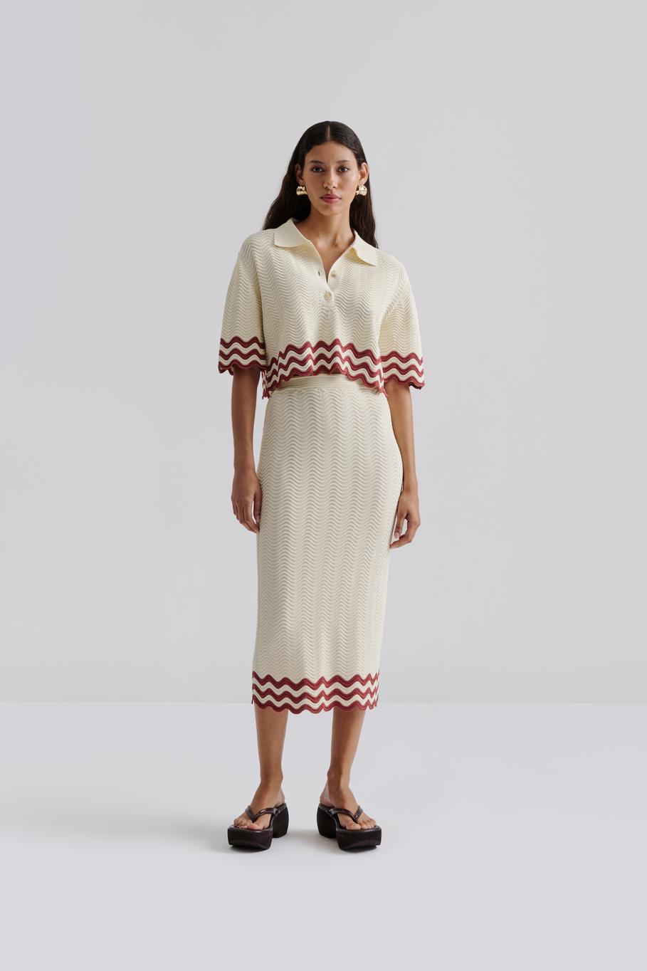Saga Knitted Scallop Midi Skirt White
