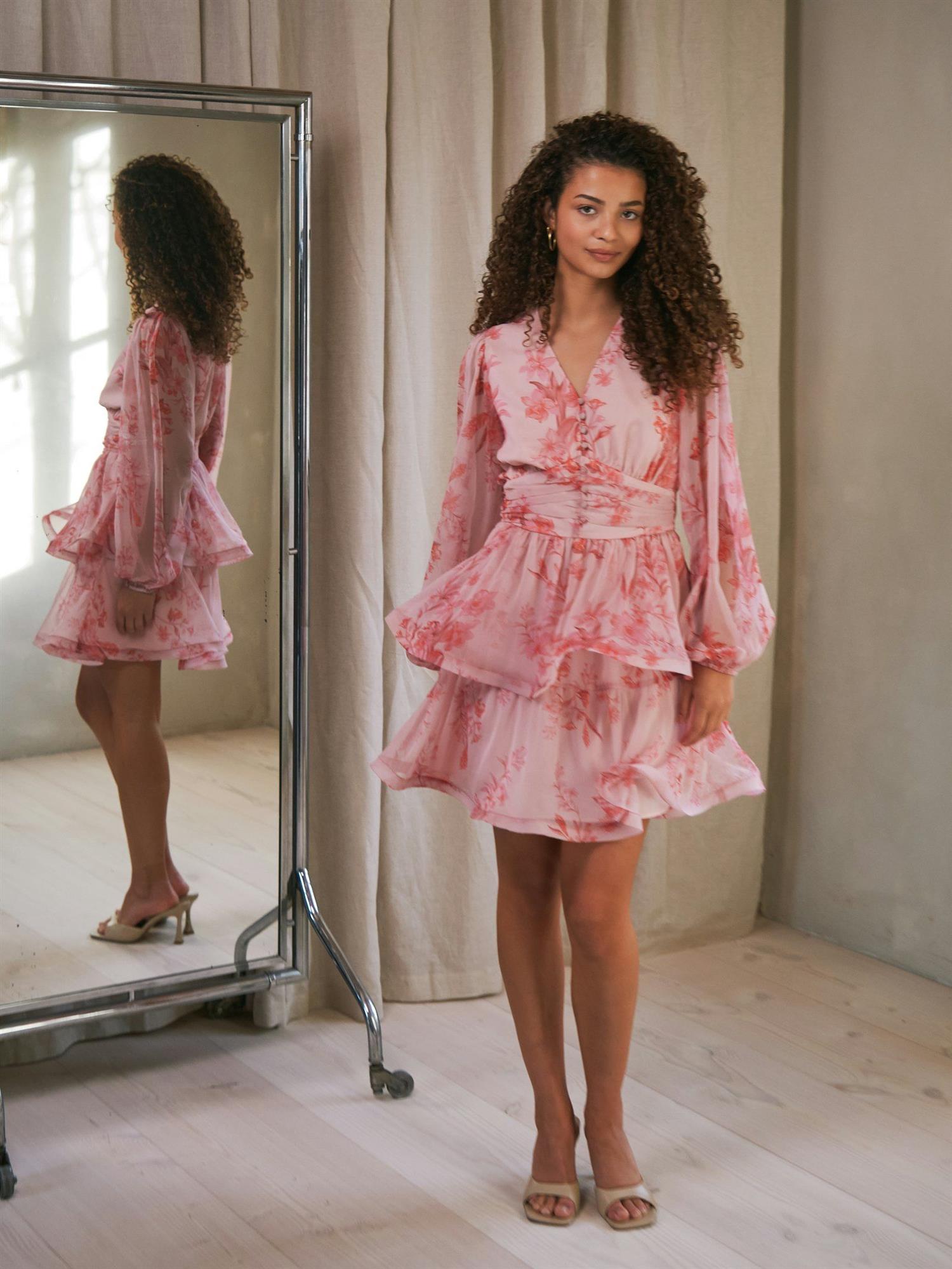 Rivana Print Chiffon Dress Pink