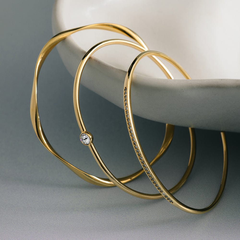 Fine Crystal & Wave Bangle Stacking Set Gold