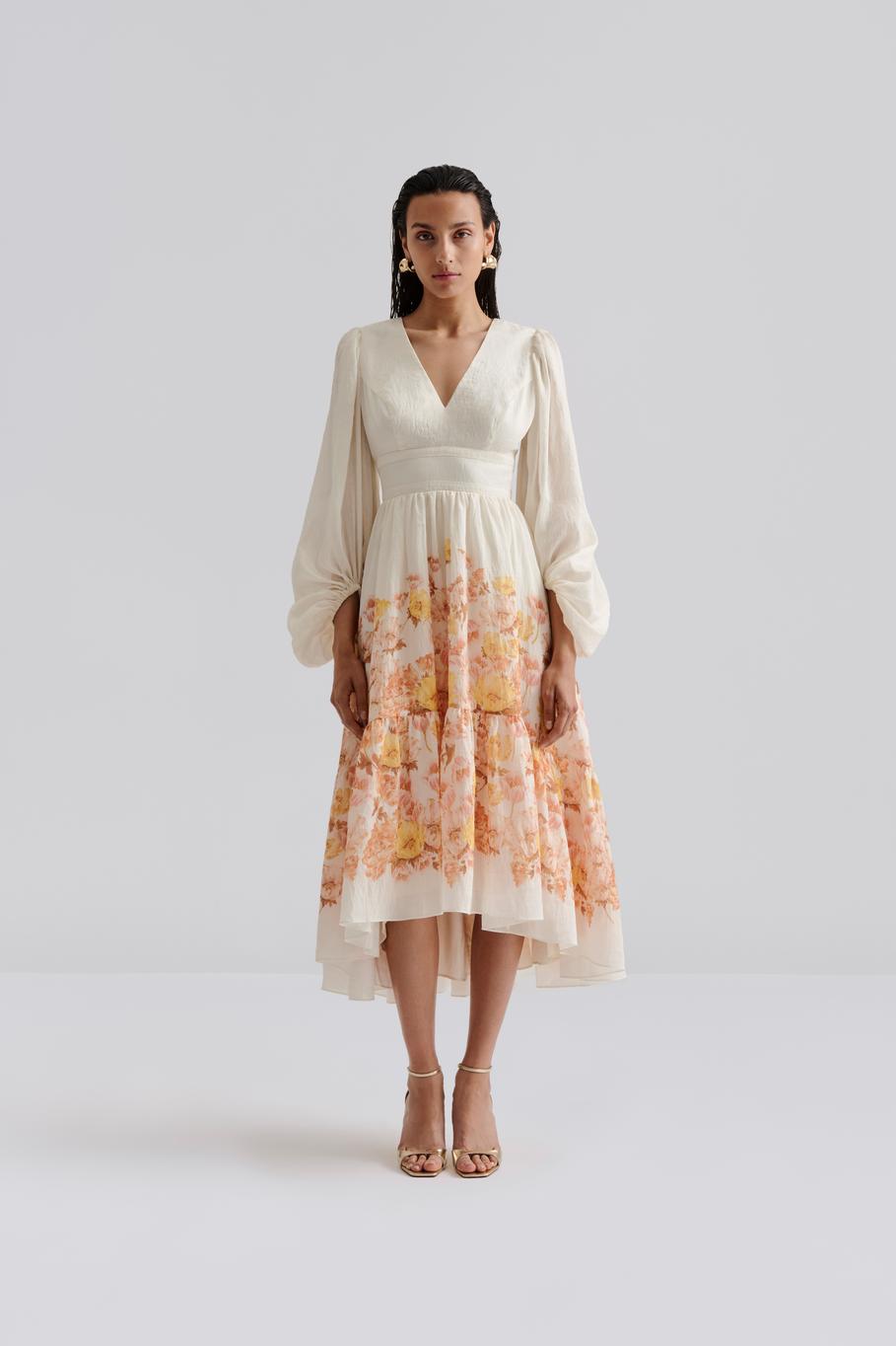 Sasia Deep V Neck Midi Dress Cream Peony