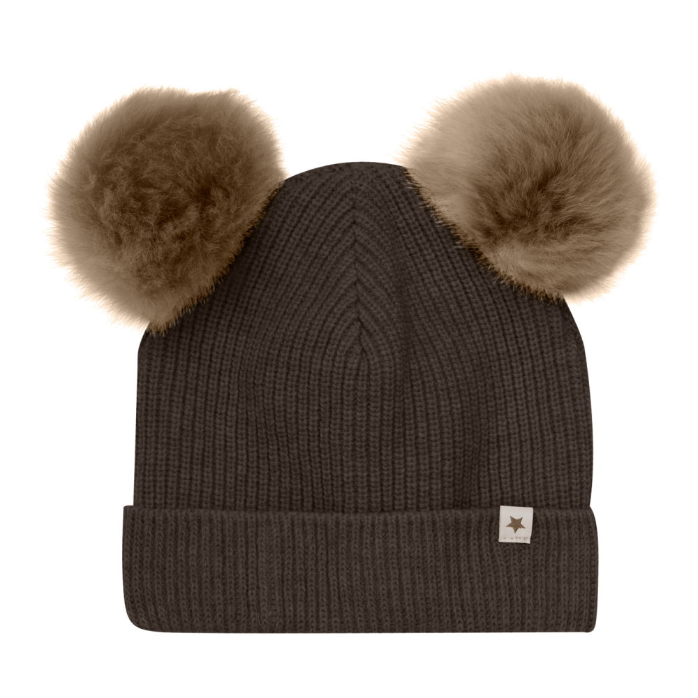 Hat Knit Alpaca Pompoms Dark Brown Melange