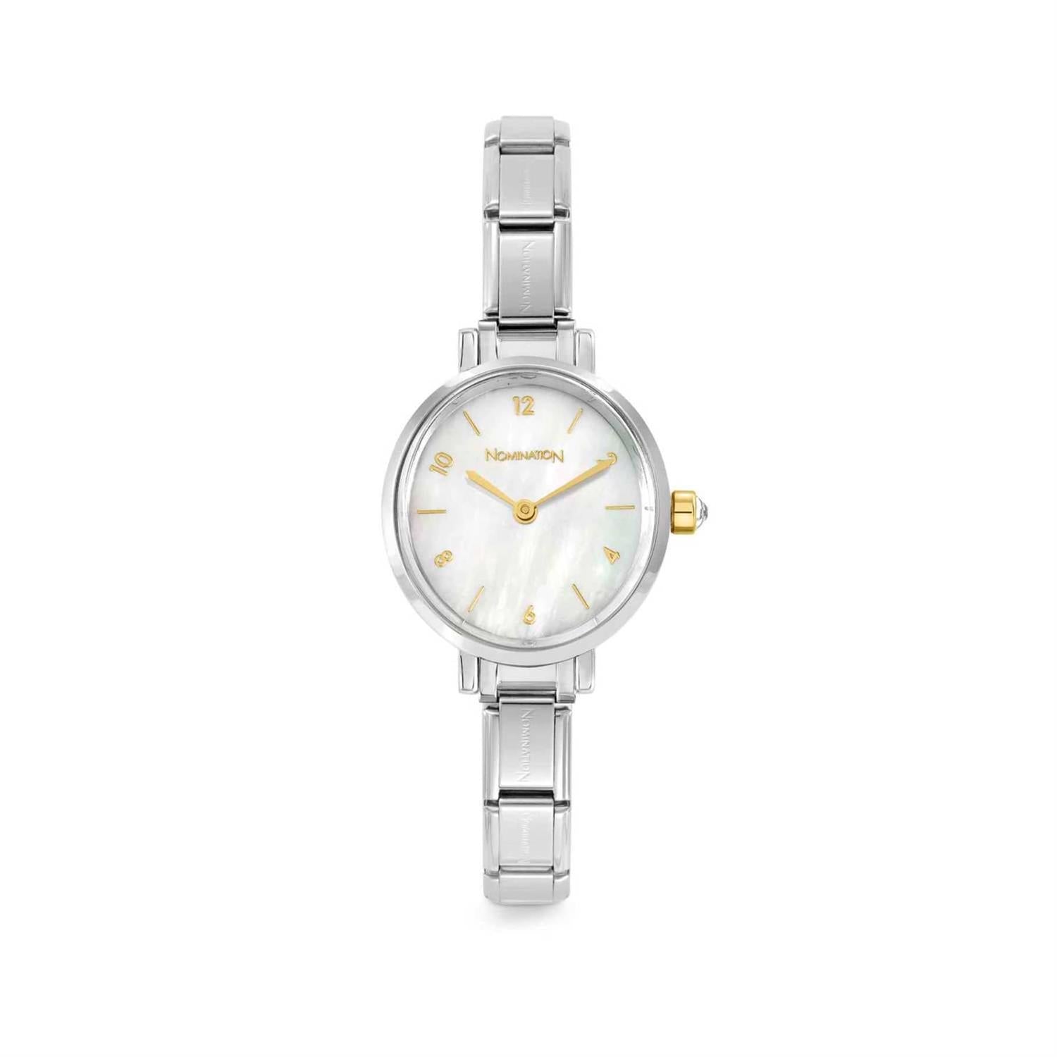 Paris Watch Steel Strap And Oval Hands With CZ White Mother Of Pearl