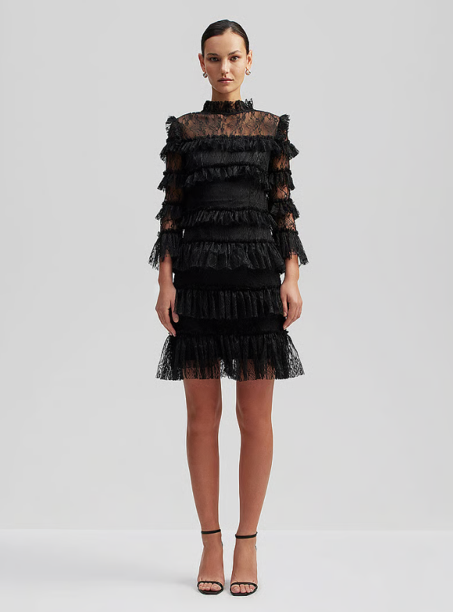 Carmine Frill Mini Lace Dress Black