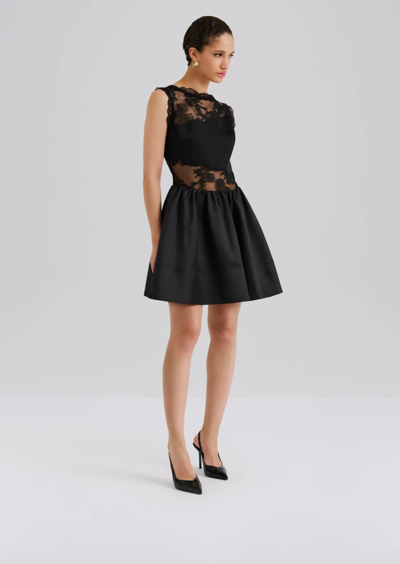 Rosy Lace Trimmed Cut Out Mini Dress Black