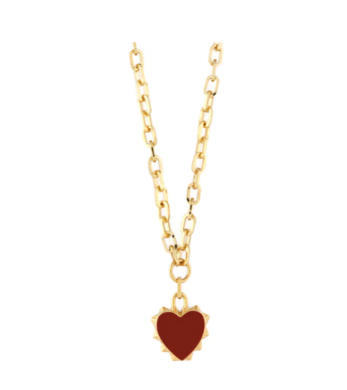 Red Enamel Heart Mid Length Necklace Gold