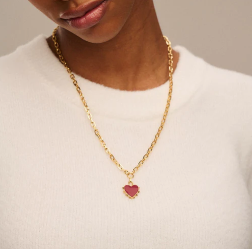 Red Enamel Heart Mid Length Necklace Gold
