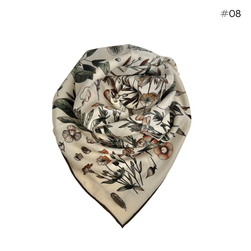 Skjerf Ull/Silke Håndsydde Kanter Blomster #08