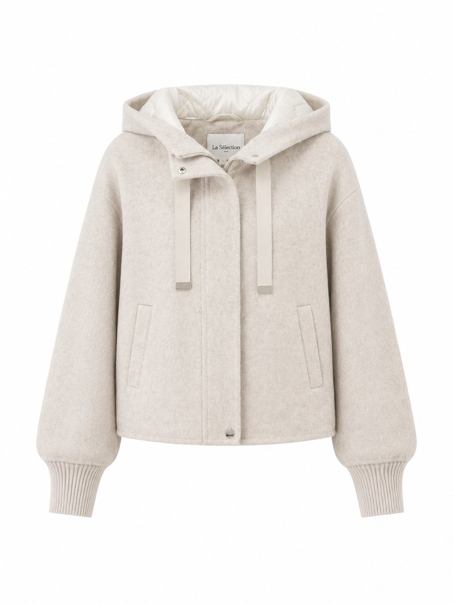 Short Wool Hood Jacket Beige