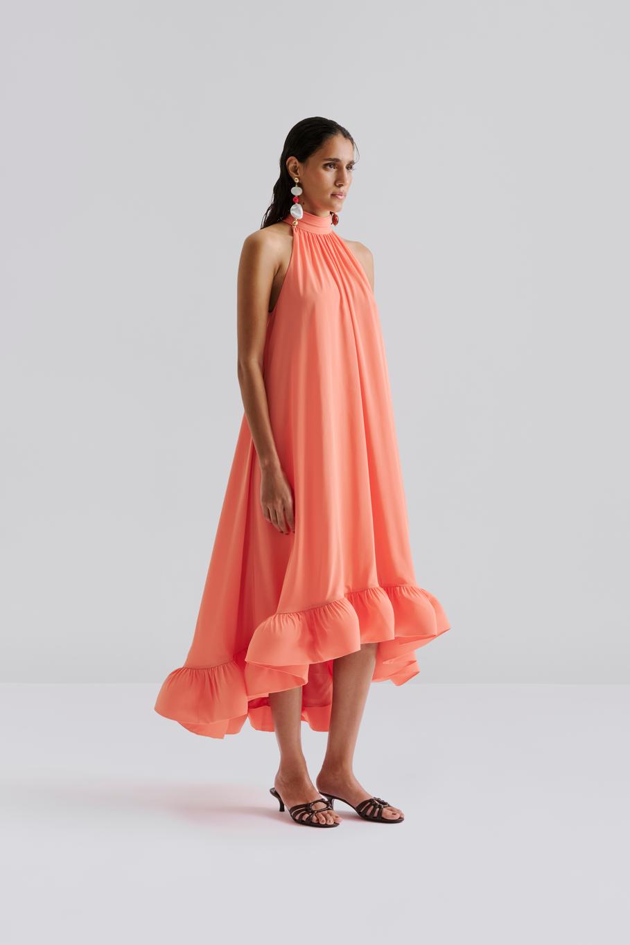 Sabrina Halterneck Ruffled Maxi Dress Papaya