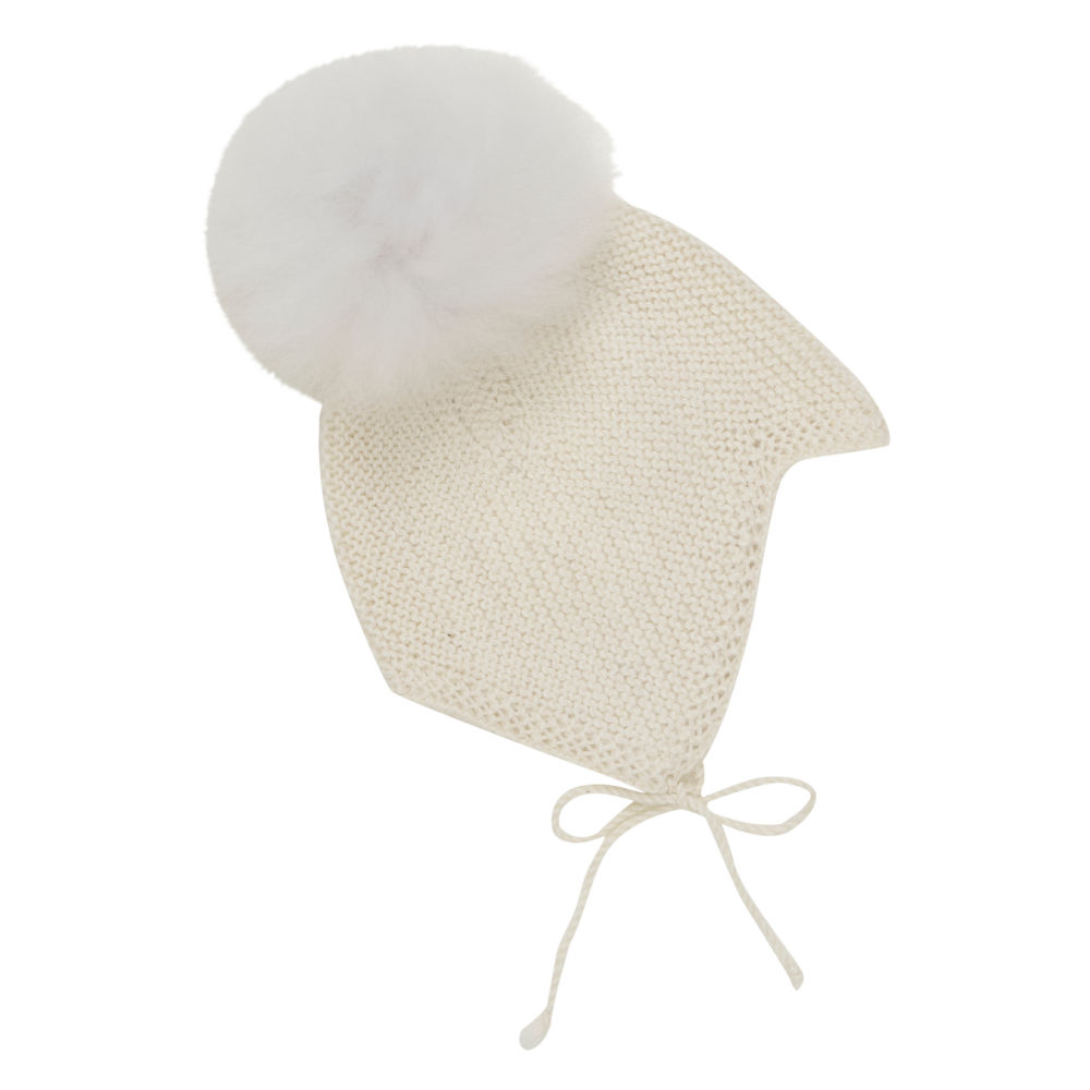 Bonnet Wool Knit Alpaca Pompom Off-White