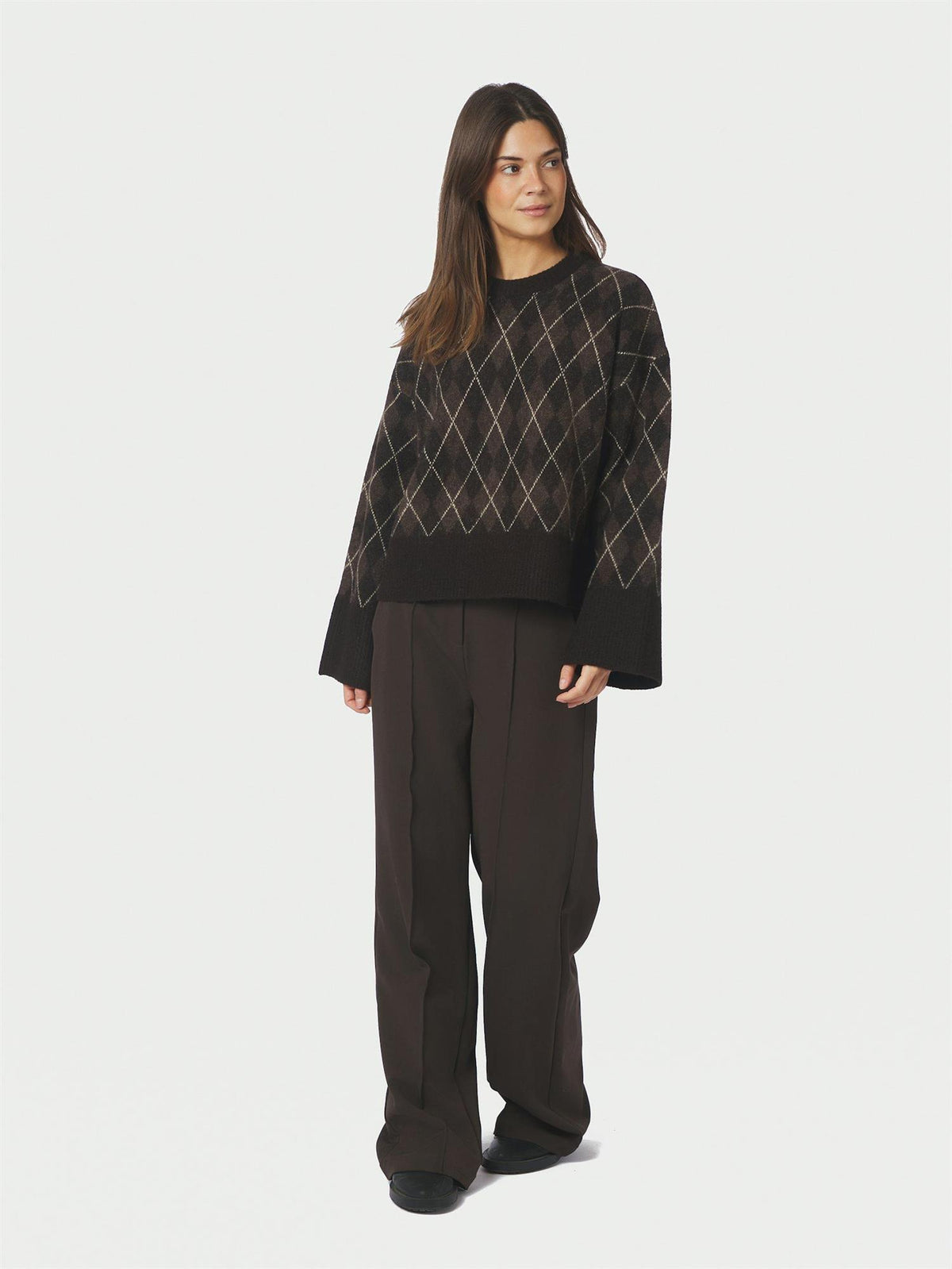 Kick Check Knit Blouse Dark Brown