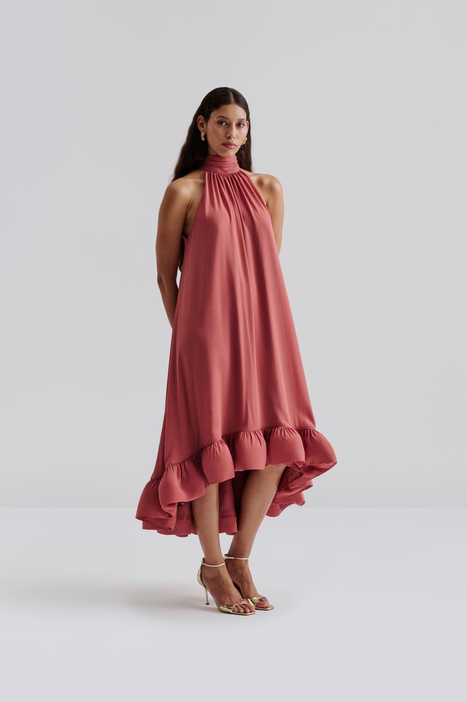 Sabrina Halterneck Ruffled Maxi Dress Terracotta