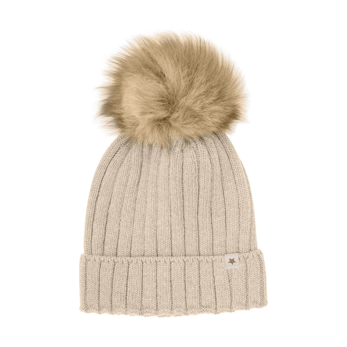Hat Knit Alpaca Pompom Sand Melange