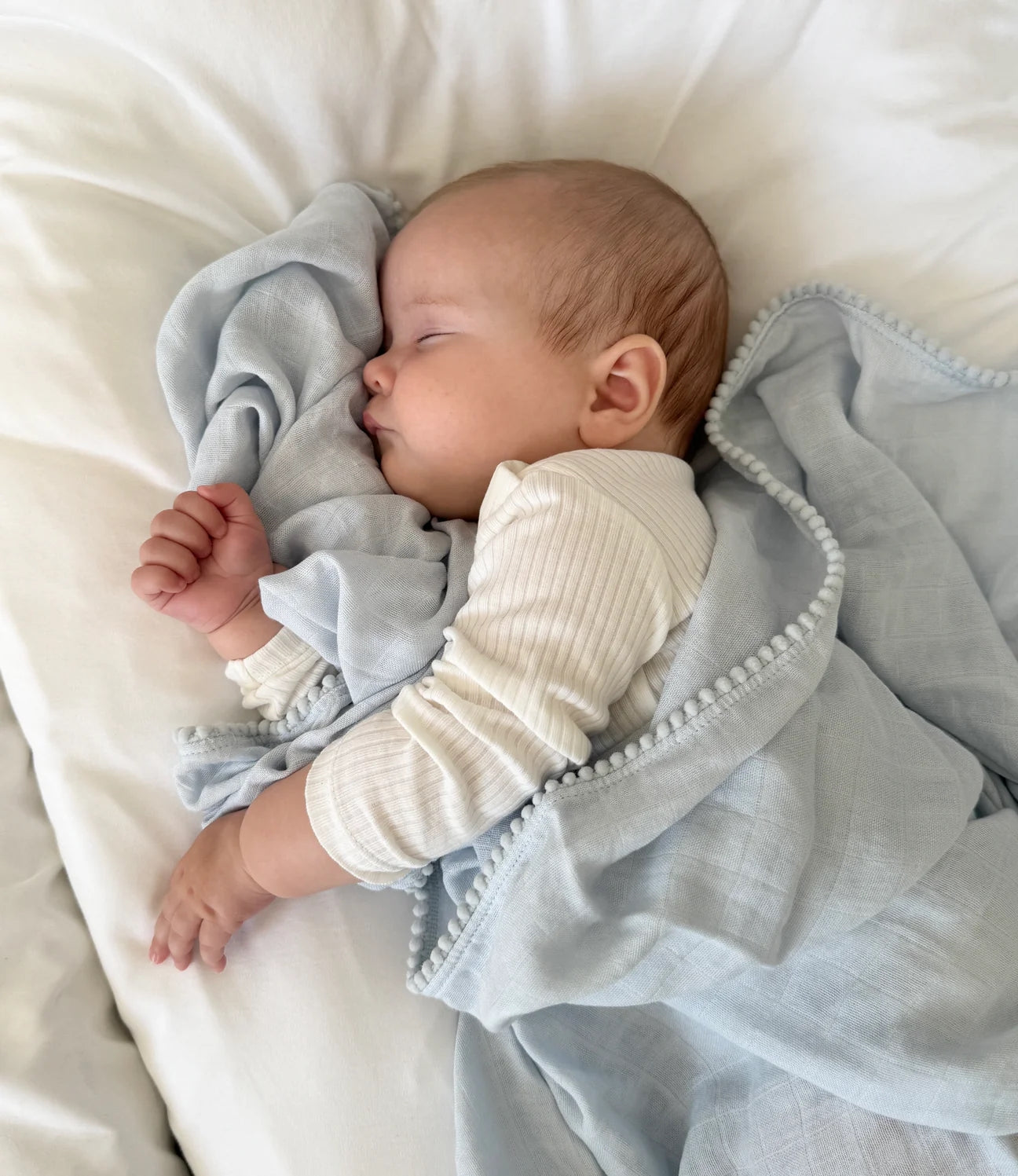 Pom Pom Muslin Blanket (1-pack) Baby Blue