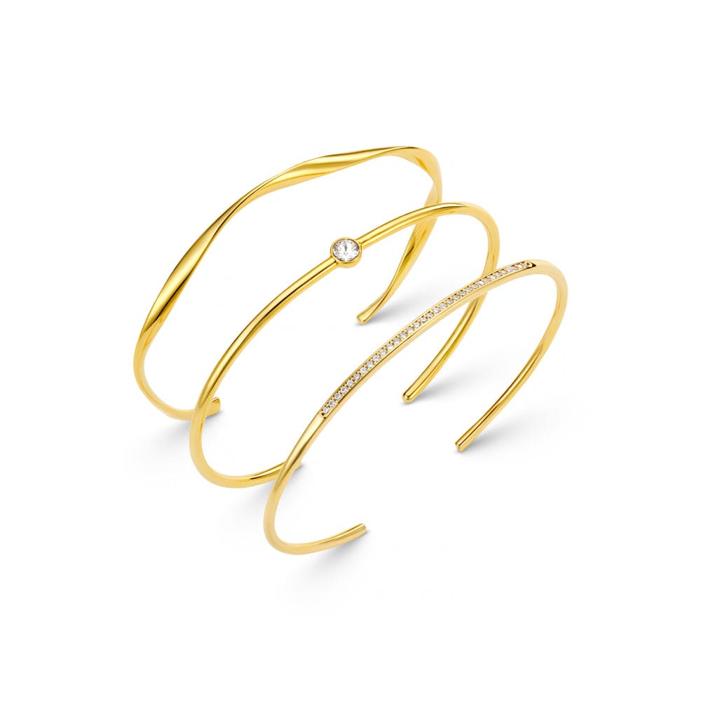 Fine Crystal & Wave Bangle Stacking Set Gold