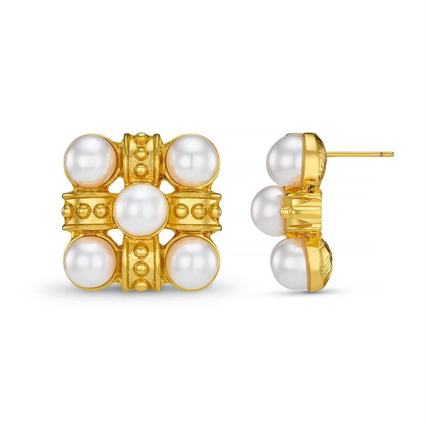 Statement Cross & Pearl Stud Earrings Gold