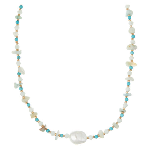 Turquoise Chip & Stationed Pearl Necklace