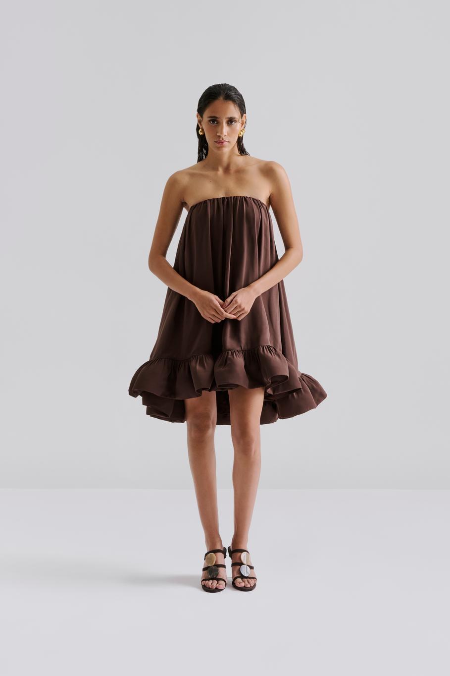 Mikala Strapless Ruffled Mini Dress Chocolate
