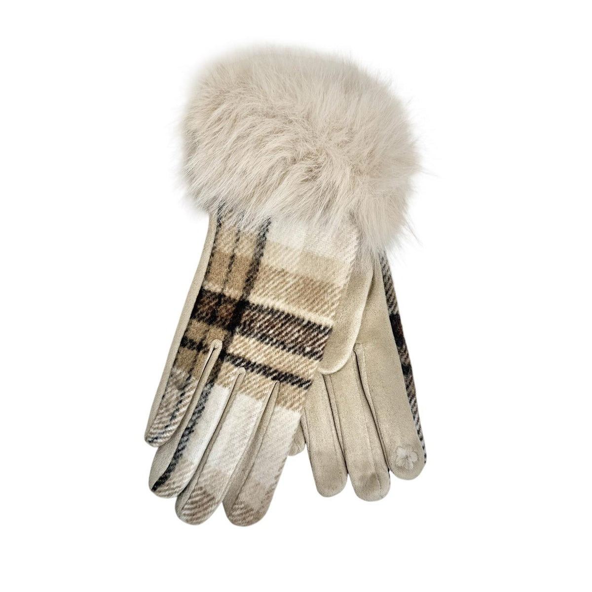 Hansker m/Fuskepels Ruter Lys Beige