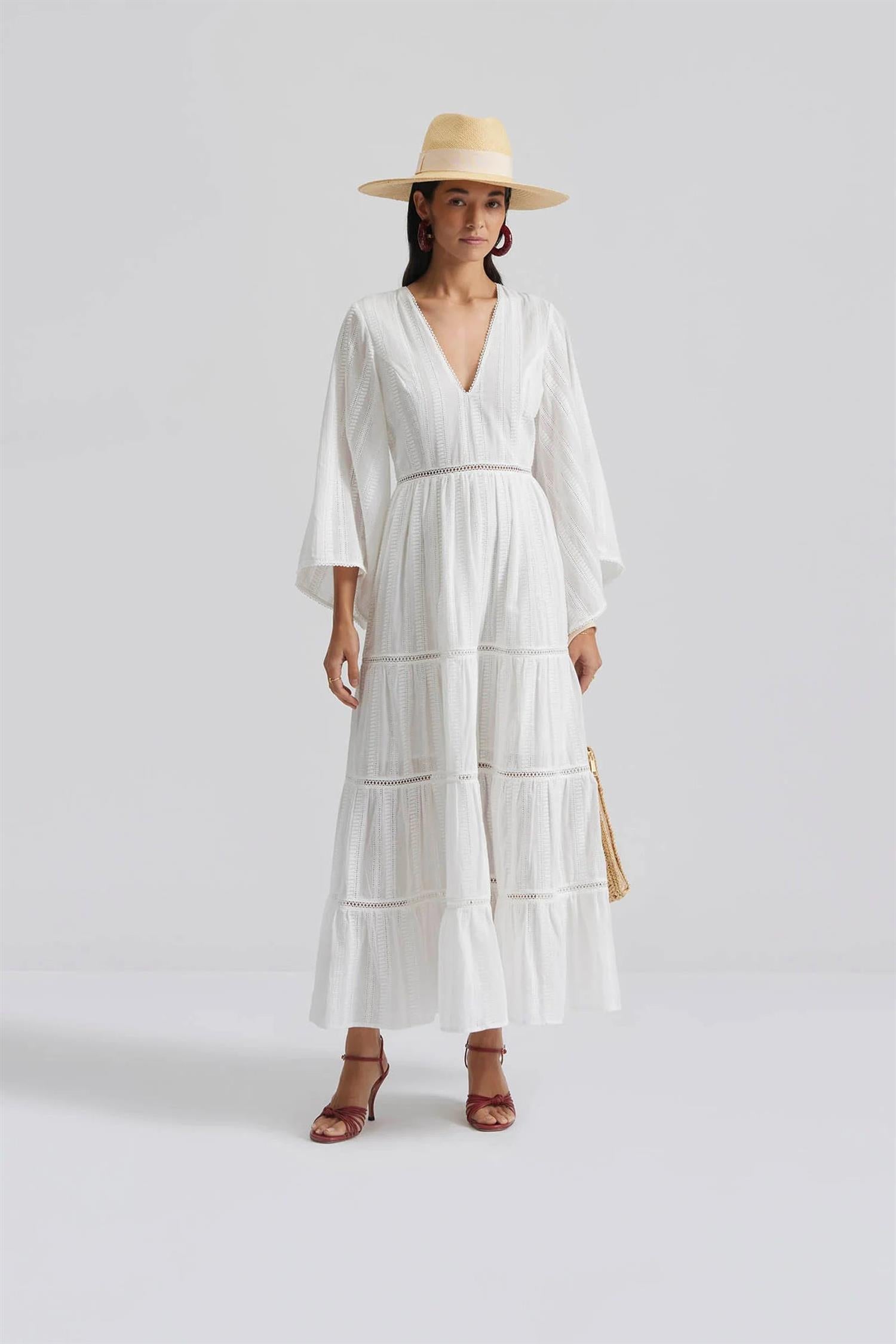 Vanessa Wide Sleeve Embroidered Cotton Maxi Dress White