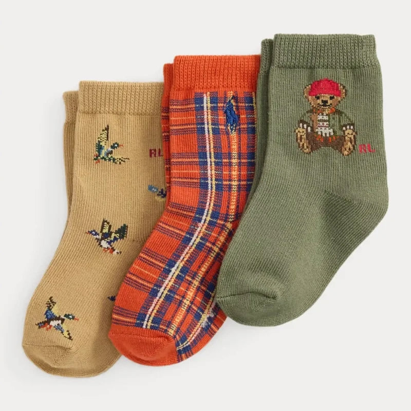 Polo Bear Crew Sock 3-Pack Set Olive/Orange/Tan