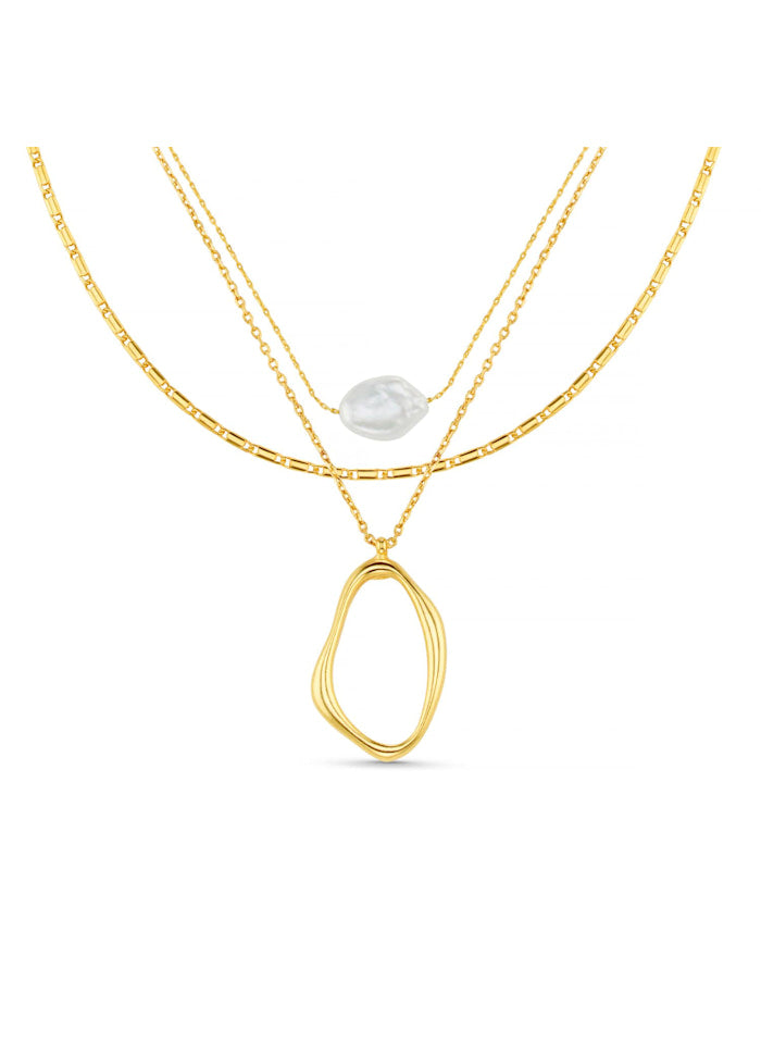 Organic Oval & Pearl 3-Row Necklace