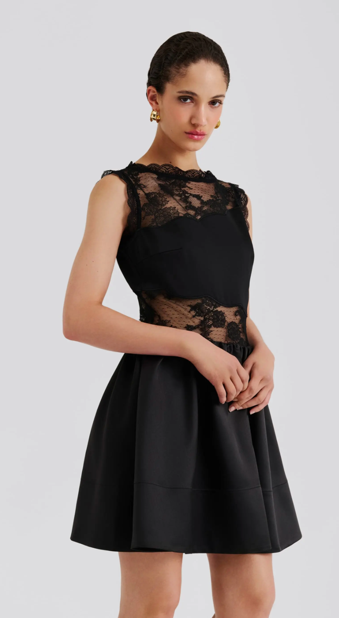 Rosy Lace Trimmed Cut Out Mini Dress Black