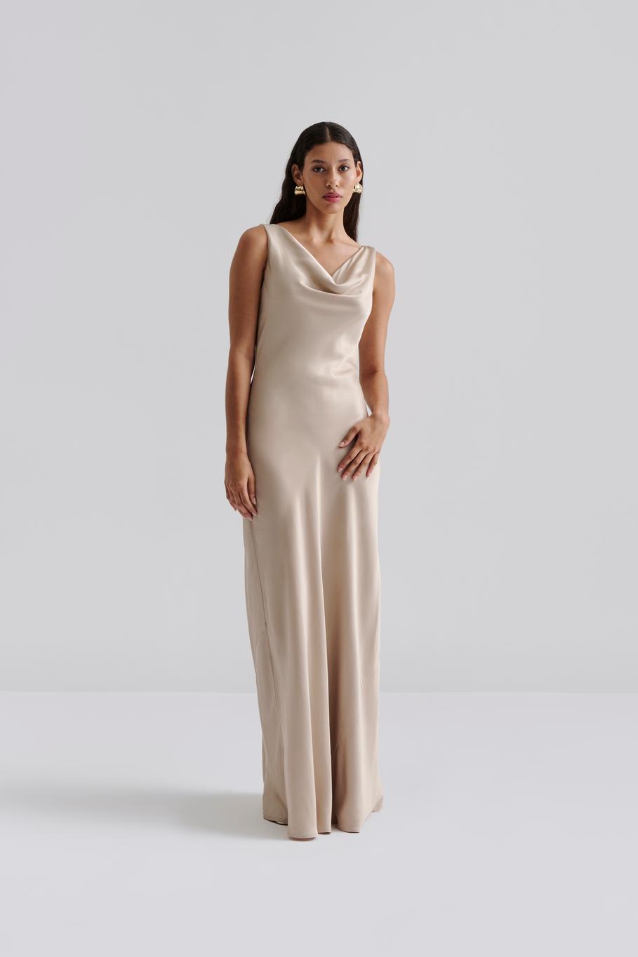 Leah Cowl Satin Maxi Dress Beige