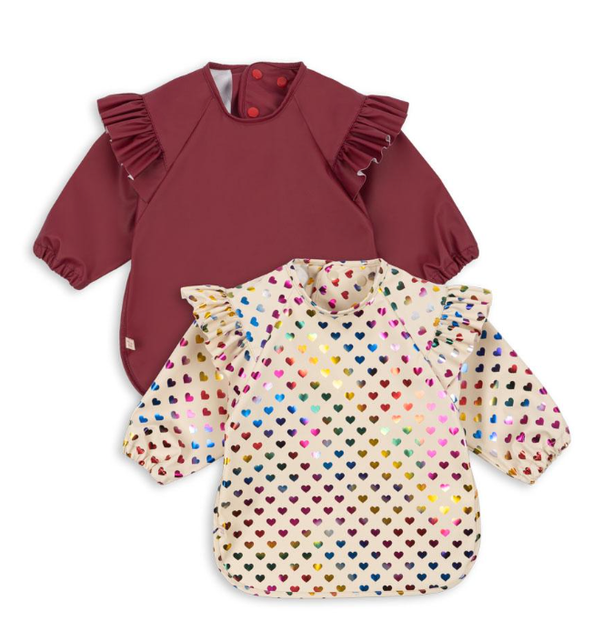 2 Pack Glitter Dinner Bib With Sleeves And Frill Coeur Glitter/Sangria