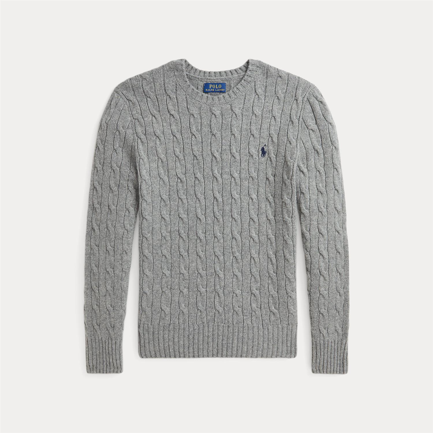 Cable-Knit Wool-Cashmere Sweater Fawn Grey Hthr/Navy